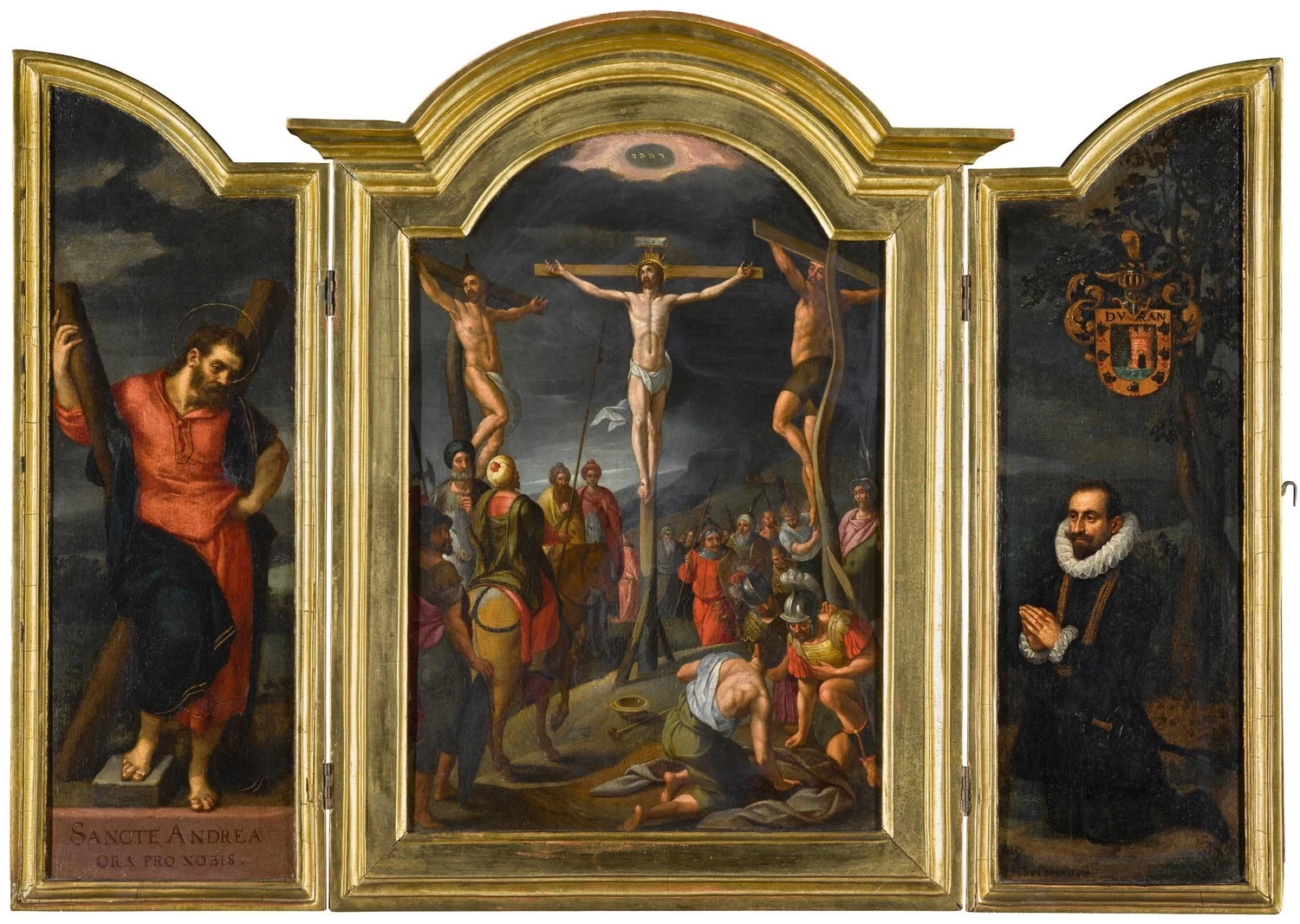 Trittico - La Crocifissione, alla sinistra Sant'Andrea, alla destra un donatore maschio inginocchiato della famiglia Escalera